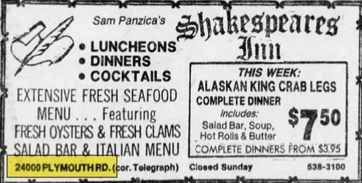 Pauls Steak House - Dec 1978 Shakespearers